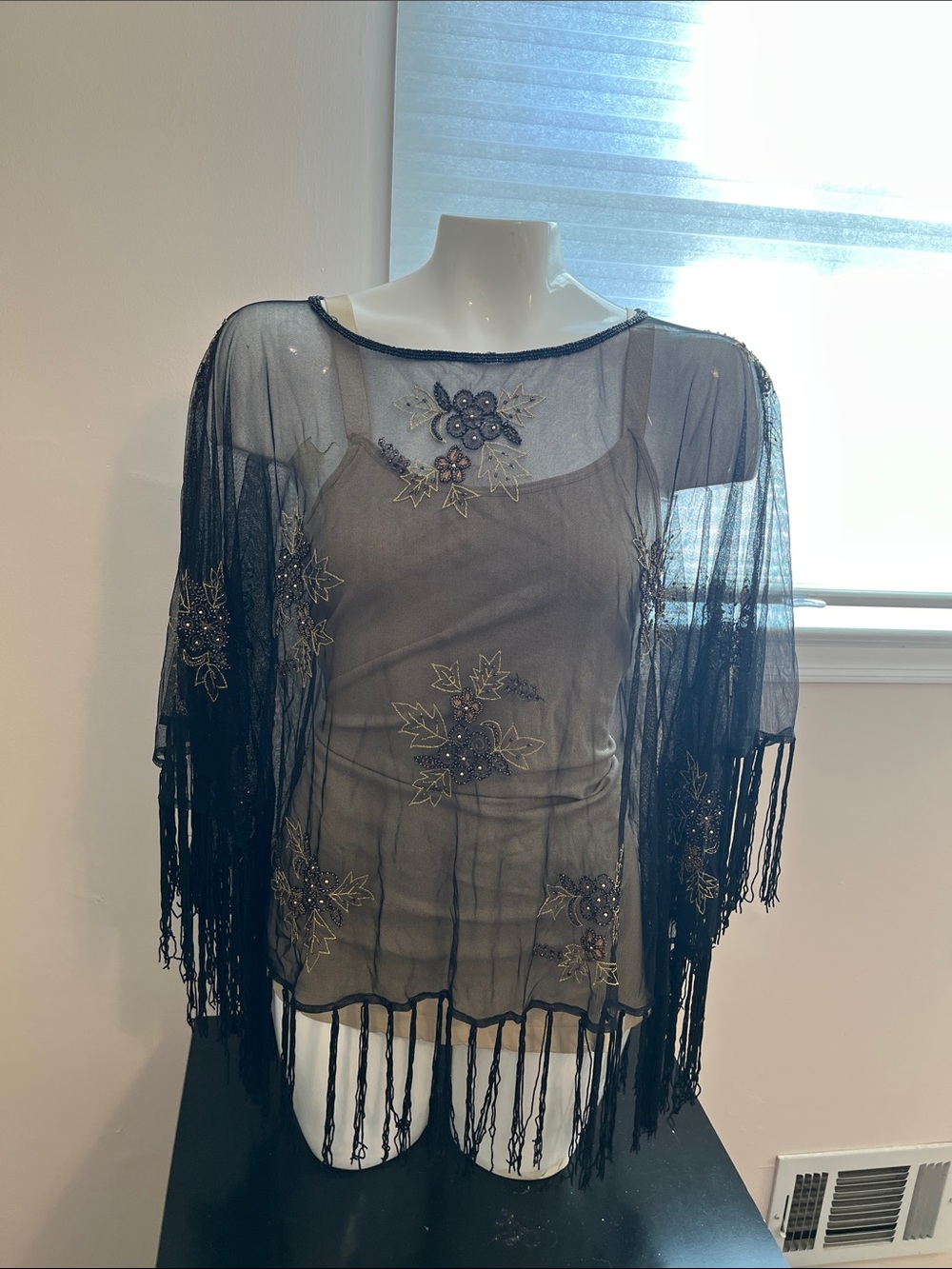 Black Sheer Embellished Fringe Overlay Tunic Top Poncho